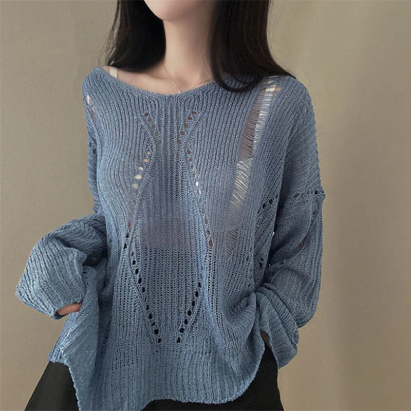 Summer and Autumn Women's New Knitted Hollow Long Sleeve Sweater Fashion Crew Neck Solid Color Elegant Pullover