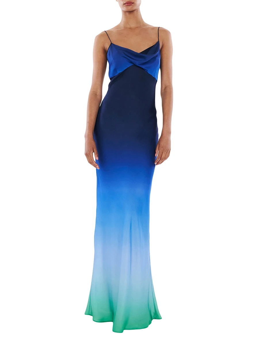 

Women's Summer Slip Dress Blue Gradient Print Spaghetti Strap Cowl-Neck Sleeveless Slim Fit Long Dress Evening Party Dresses