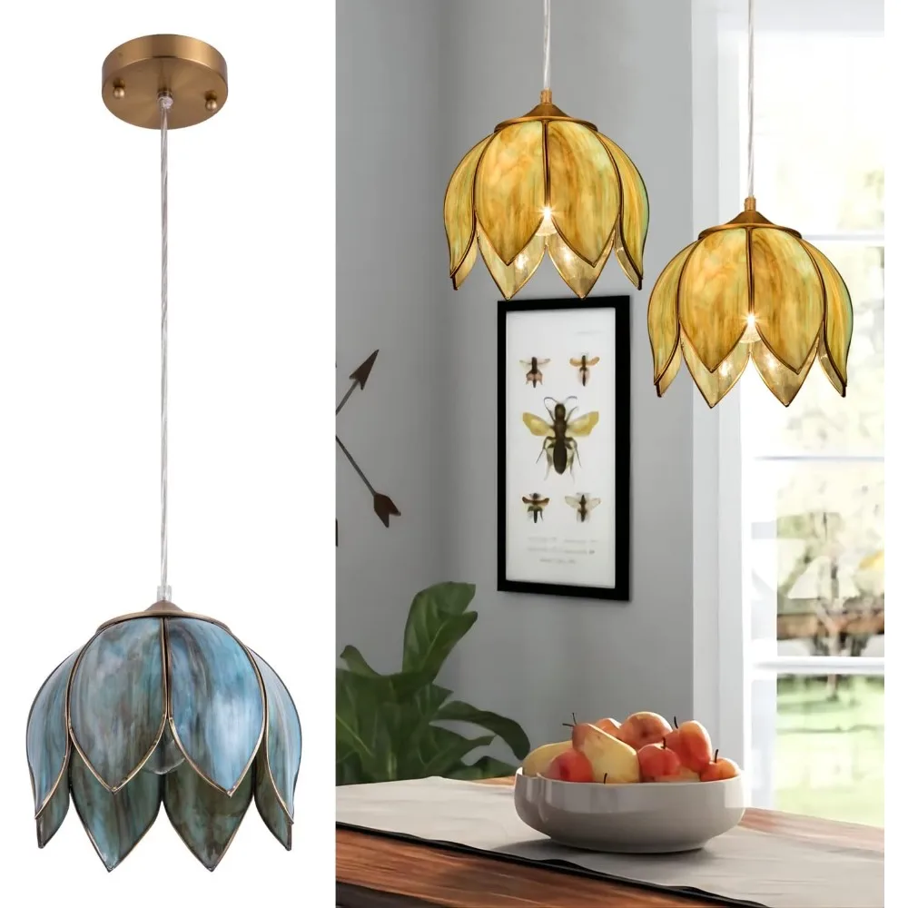

Pendant Lighting Vintage Oriental Lotus Brass Ceiling Pendant Light Fixture Tiffany Green Glass Hanging Lamp, Emerald
