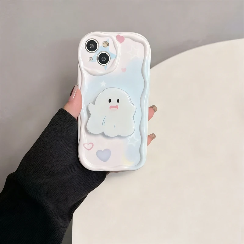 White Ghost Stand Holder Wave TPU Soft Phone Case