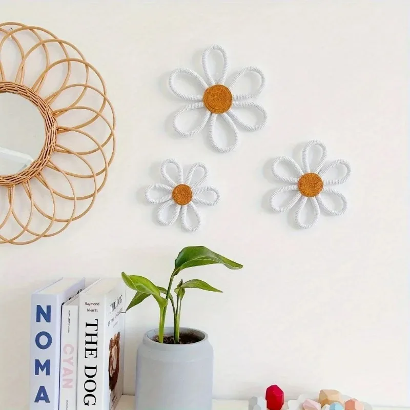 Bohemian Daisy Floral Wall Art: Handmade Woven Hanging Decor Perfect for Nursery Bathroom Home Office Dorm Room Enhancement