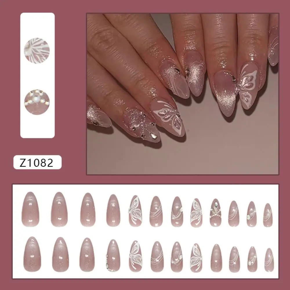 24pcs Manicure Long Almond False Nails French Bow Pearl Fake Nials Aurora Wave Flower Starburst Press on Nails DIY