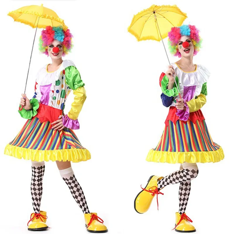 

Adult Funny Clown Costume Circus Carnival Fancy Dress Birthday Party Outfit Include colorful Wig + Red Nose + Dress + Socks