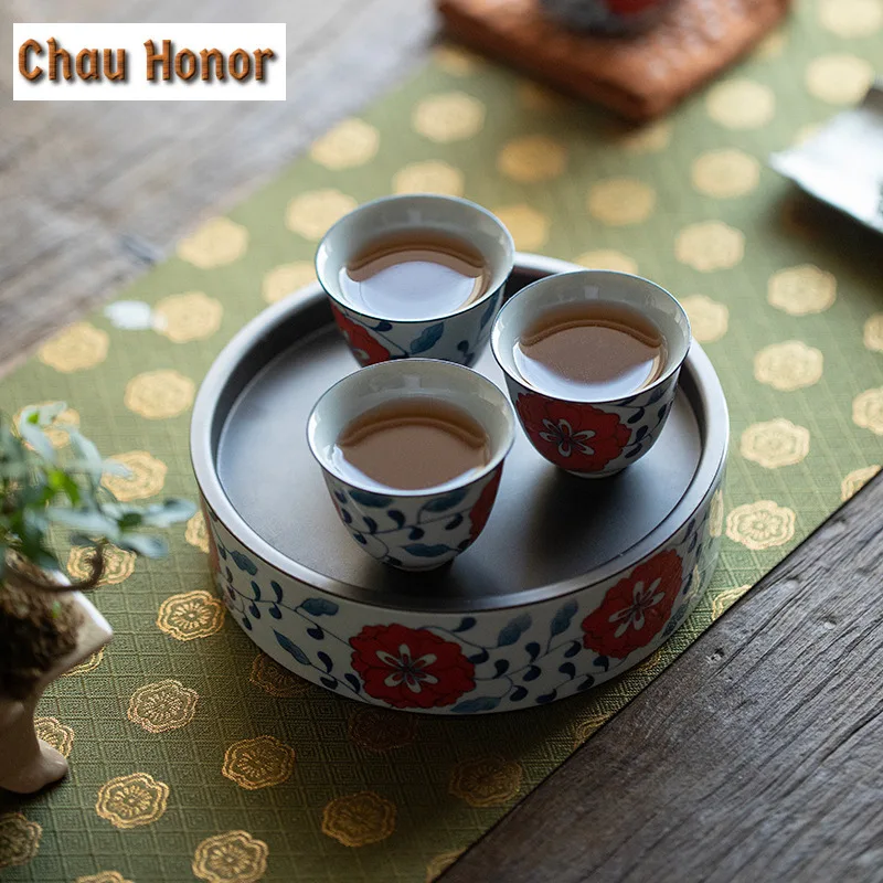 2pc/Set 45ml Pure Hand-painted Peony Flower Art Tea Cup Blue And White Small Ceramic Single Master Cup Household Kung Fu Teaware