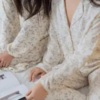 Women Two Pieces Spring Pajamas Suits Flower Print Long Sleeve Casual Pijama Turn Down Collar Tops With Pants Satin Pajamas - Image 3