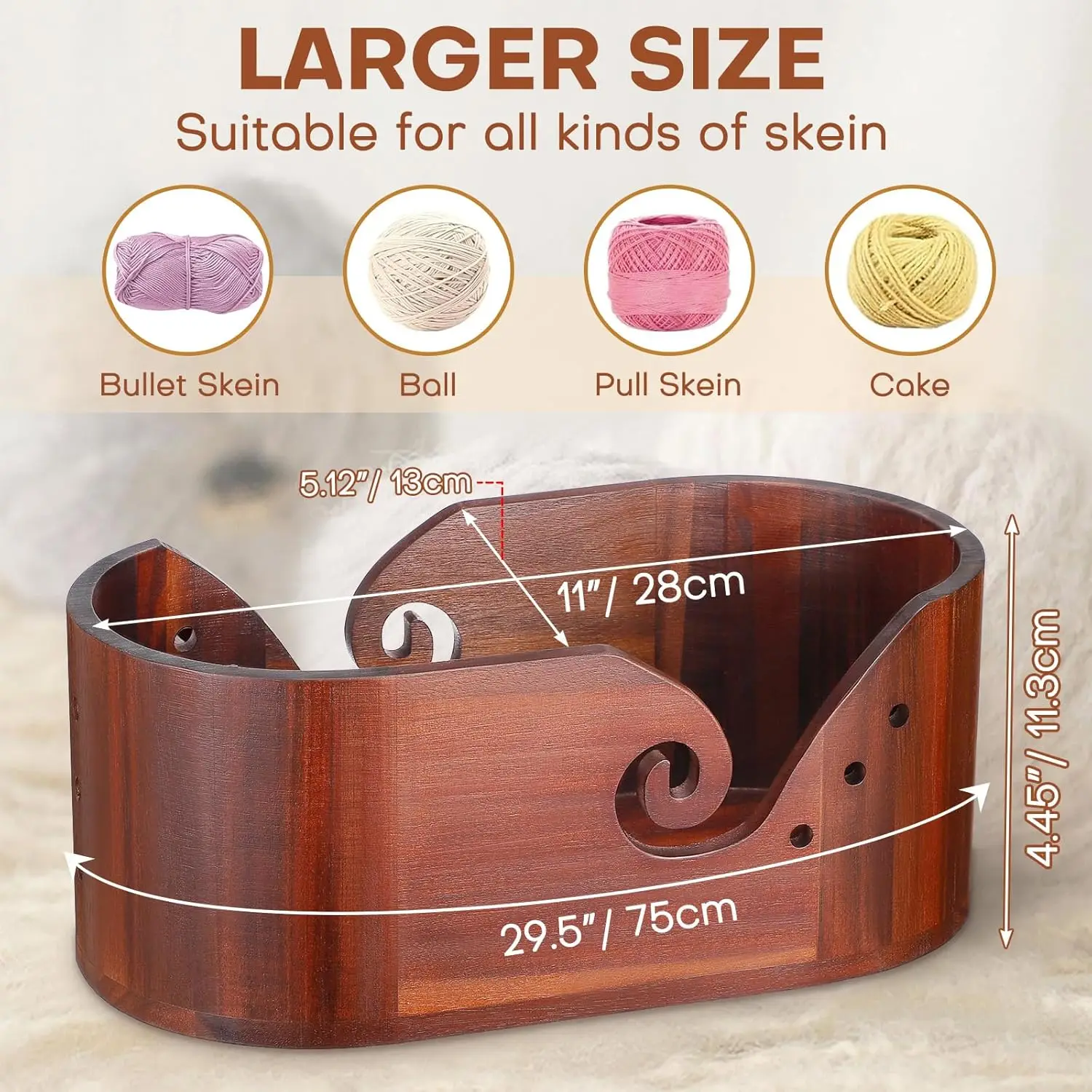 Wooden Yarn Bowl Large Size for Yarn Skeins Oval Wooden Bowl with Carved Holes Crochet Hook Rests Portable Knitting Accessories
