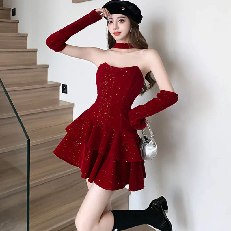 ファッションスパンコール高級新年赤いドレス女性秋冬ベルベット ファッションスパンコール高級新年赤いドレス女性秋冬ベルベット