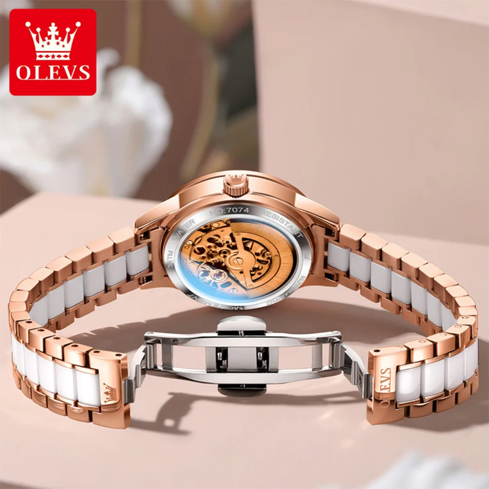 OLEVS 7074 Automatic Mechanical Watch For Woman Elegant Ceramics Steel Strap Hollow Flower Diamond Bezel Luxury Women's Watches
