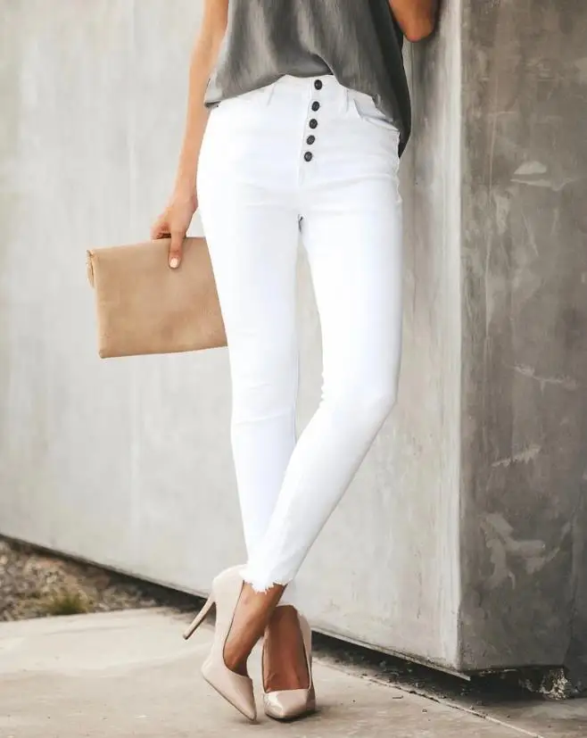 Casual 2023 trousers ladies Plain Button Fly Raw Hem Skinny Office ...