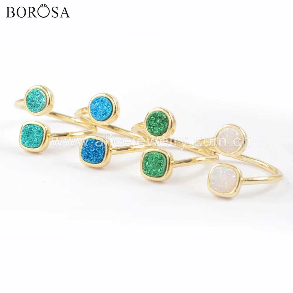 

BOROSA Drusy 5PCS Golden Plated Unique Square and Round Shape Double Stone Rings Natural Agates Titanium Rainbow Druzy Ring