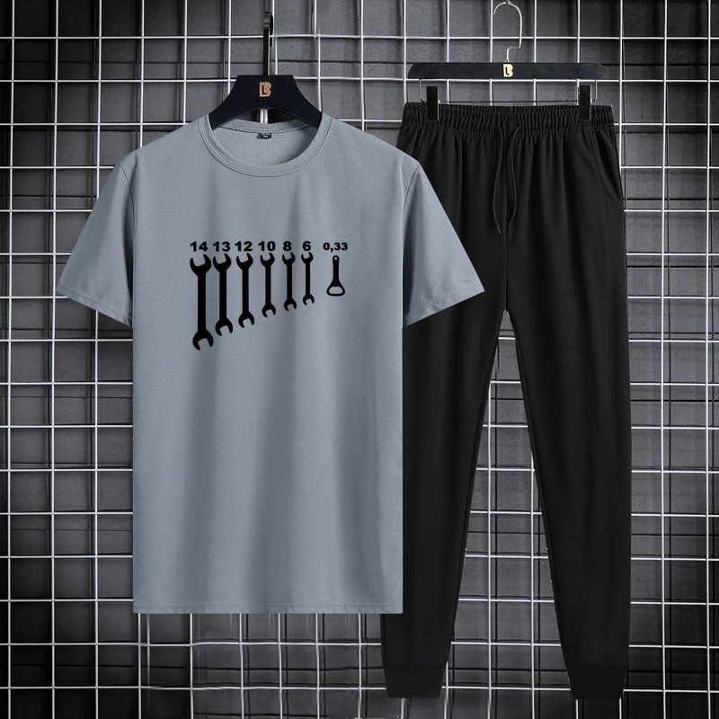 طقم رياضي من قطعتين للرجال ، بأكمام قصيرة ، سراويل طويلة ، رفيعة ، عصرية ، عصرية ، كاجوال ، خارجي ، صيفي ،