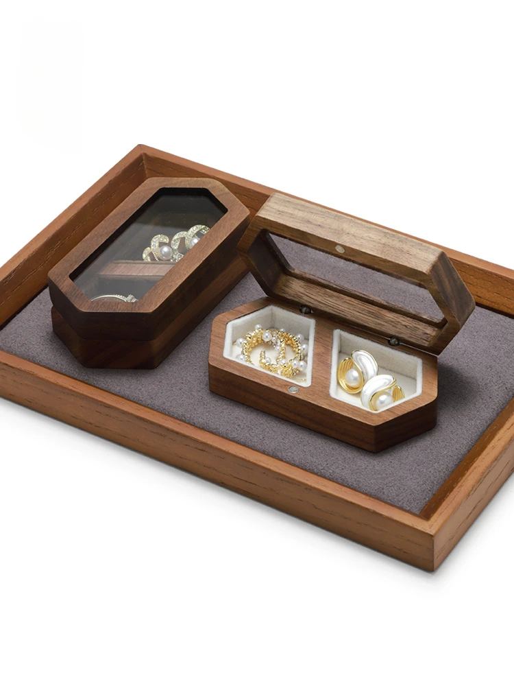 Portable high-end jewelry storage box, wooden mini rings, earrings, pearl jewelry box, dustproof jewelry box luxury square velvet jewelry a pair rings earring display case box storage organizer holder gift packag portable travel wedding