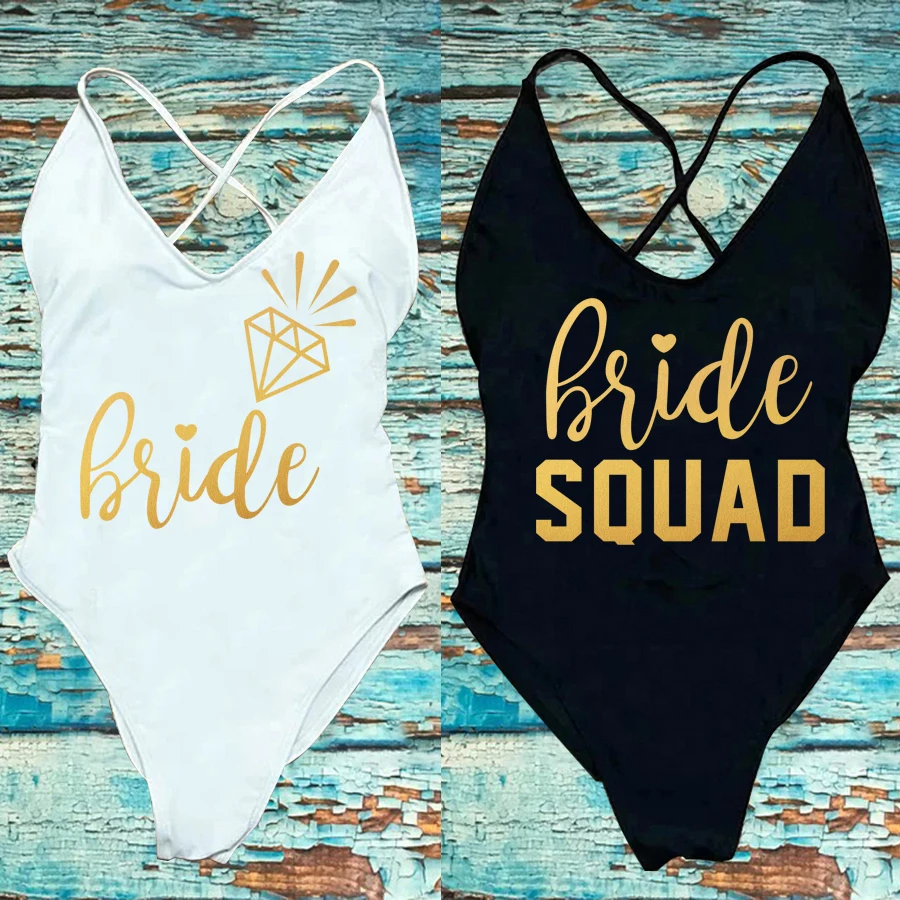 Padded One Piece Swimsuit Sexy BRIDE SQUAD Letter Print Women Bikini Bathing Suit Summer Bodysuit Backless monokini one piece swimsuit women swimsuit