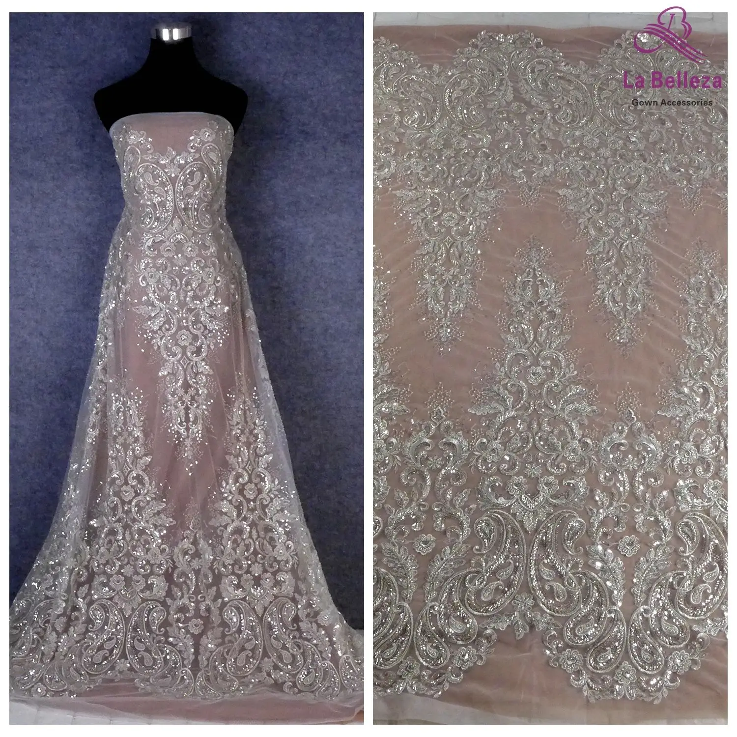 

Белое серебряное модное плотное Бисероплетение, кружевная ткань, свадебное платье, кружевная ткань, Ширина 51 дюйм, 1 ярд