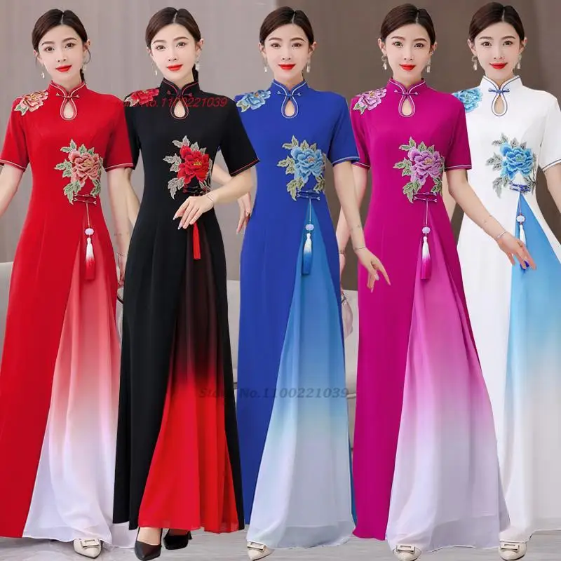 

2024 ao dai vietnam traditional banquet dress chinese cheongsam oriental flower embroidery qipao party evening dress vestido