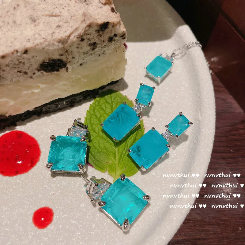 2024 Hot Sale New 925 Silver Stud Blue Paraiba Earrings Necklace Women's Wedding Fashion Jewelry Earrings Necklace Set Wedding 3