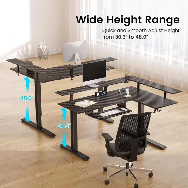 L-shaped Standing Desk with LED Lights and Power Outlets, Dual Motor Height Adjustable, Monitor Stand and Keyboard Tray 6