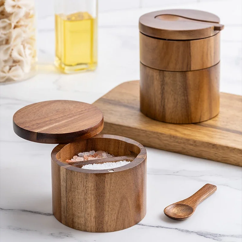 Acacia Wood Salt Shaker Seasoning Box Magnetic Rotating Lid and Spoon Salt and Pepper Organizer Spice Jars Kitchen Gadgets spice jar,seasoning jar