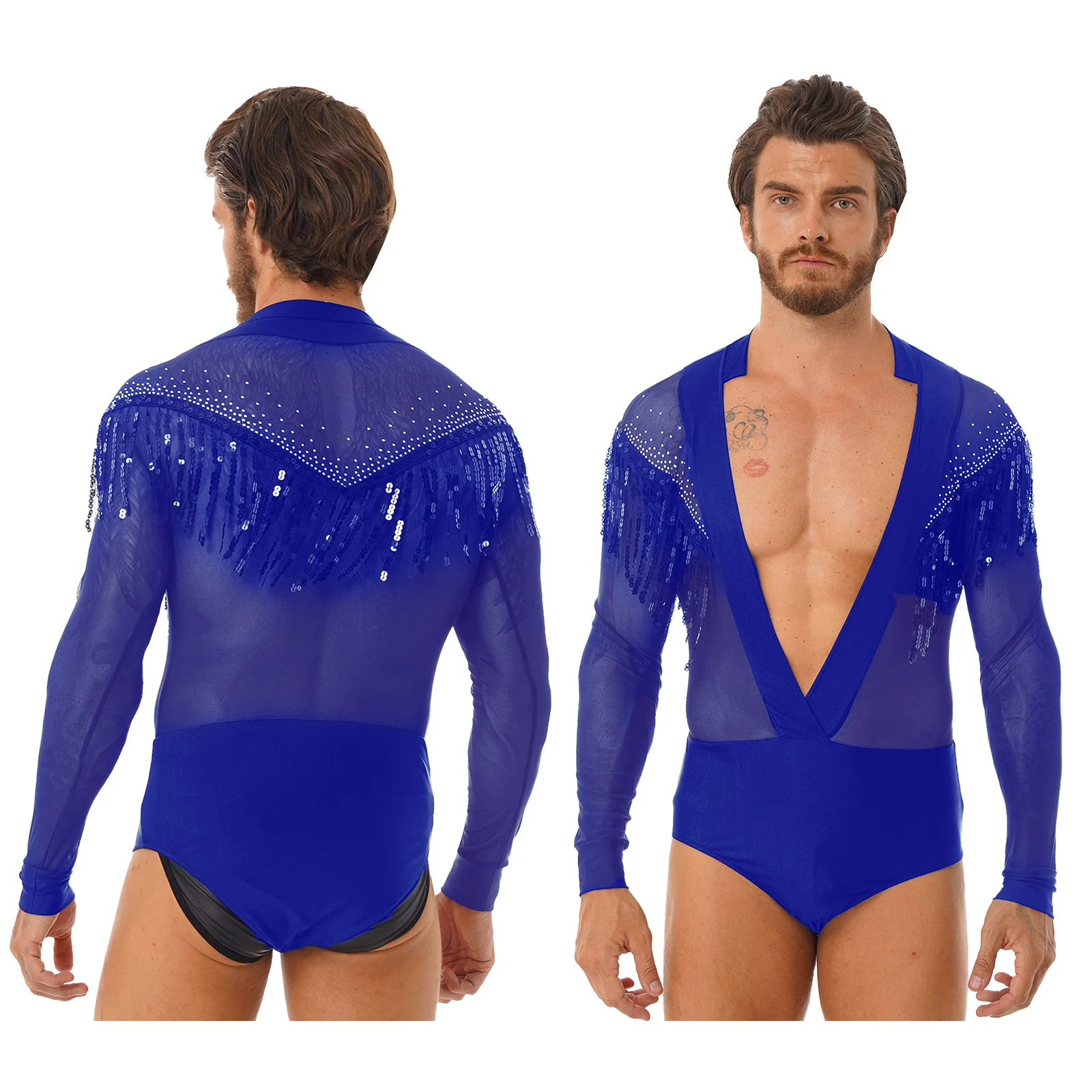 thumbnail image 1 of Traje de baile latino Samba de salón para hombre, Body con diamantes de imitación brillantes, cuello en V, malla transparente, Ropa de baile de Tango y Rumba de manga larga, 1 of 5