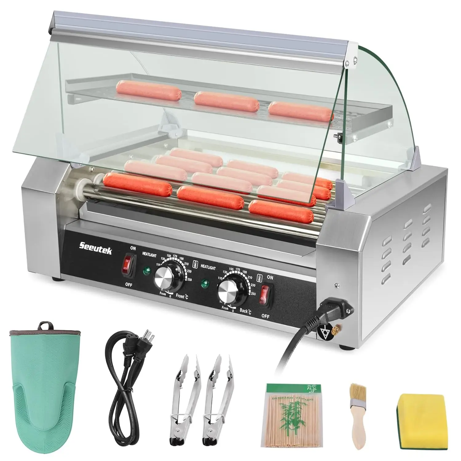 

Hot Dog Roller Machine, 7 Stainless Steel Hot Dog Rollers with Mesh , Dust Cover, Oil Pan, Dual Temp Control and LED Light, 18 H