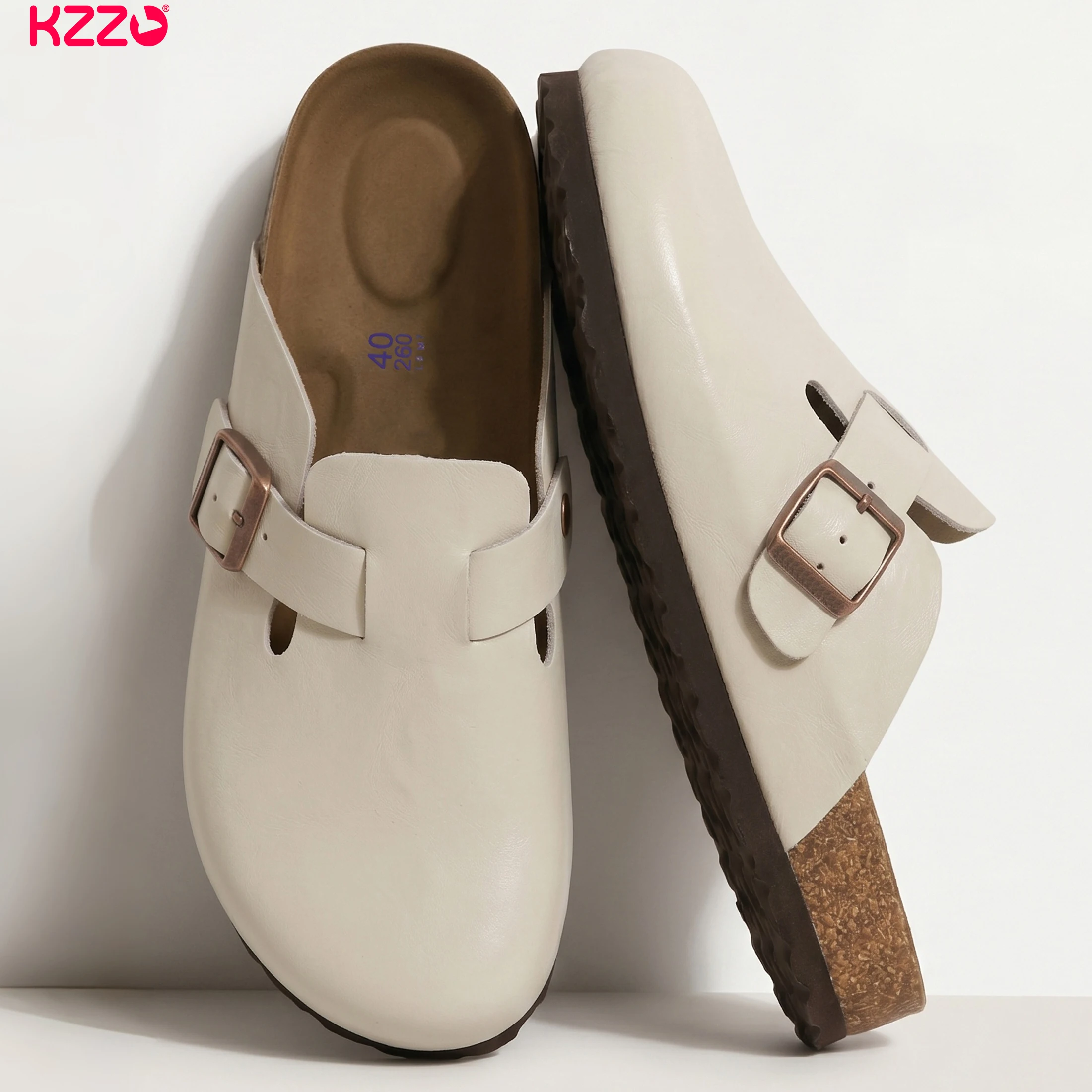 KZZO Waterproof Genuine Leather Mules For Women Non Clog Shoes Outdoor Home Comfort Slip On Flat Adjustable Strap White_voghion.com