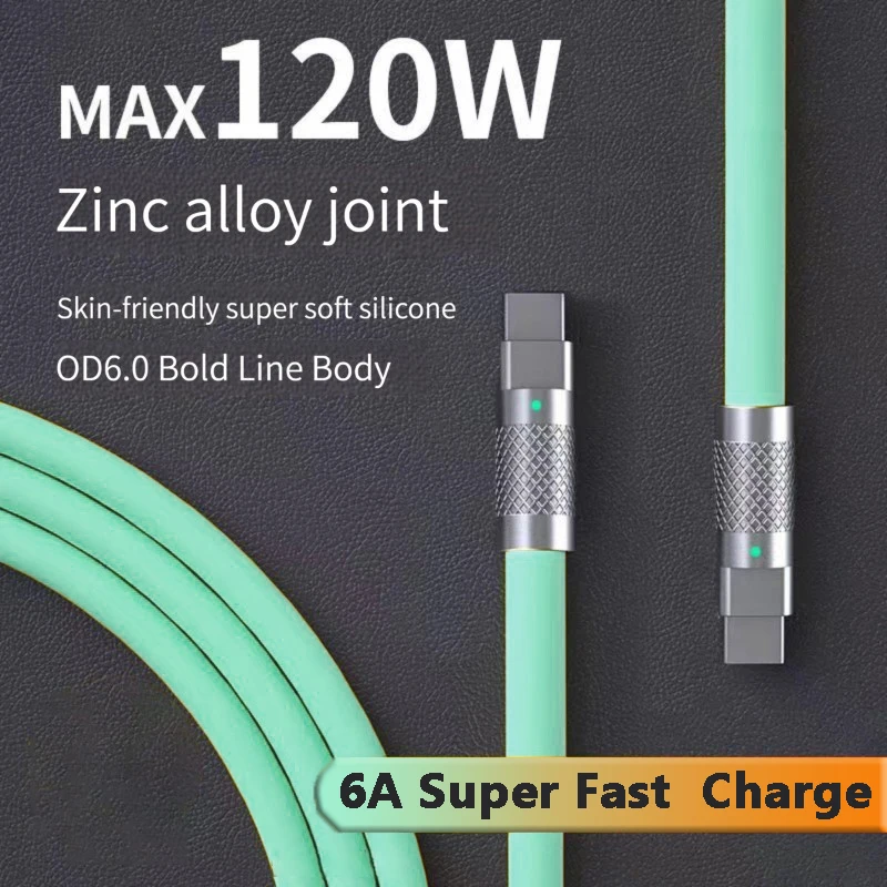 120w 6a Super Fast Charge PD Type C Liquid Silicone Cable Quick Charge 1M 2M Usb Cable Usb C to C Charger Cable