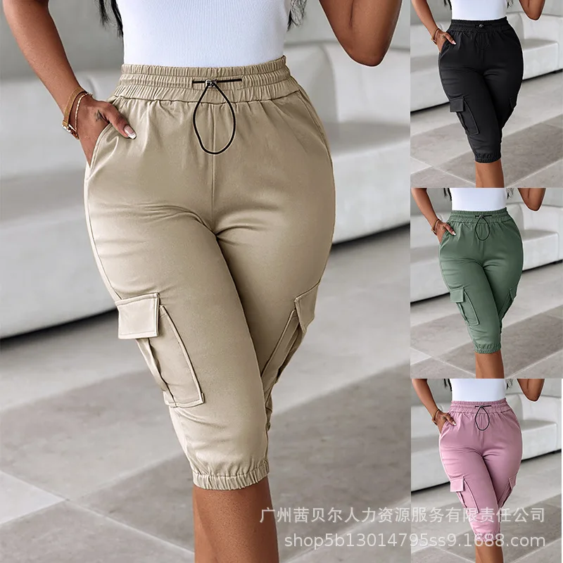 

Cargo Pants Women Capris Solid Casual Regular Slim Fit Elastic Waist Lace Up Calf Length Pant Elegant Splice Sheath Trousers