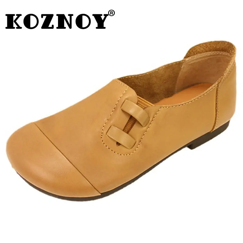 

Koznoy 2cm Natural Genuine Leather Moccasins Women Soft Soled Flats Loafers Comfy Ladies Slip on Summer Retro Round Toe Shoes