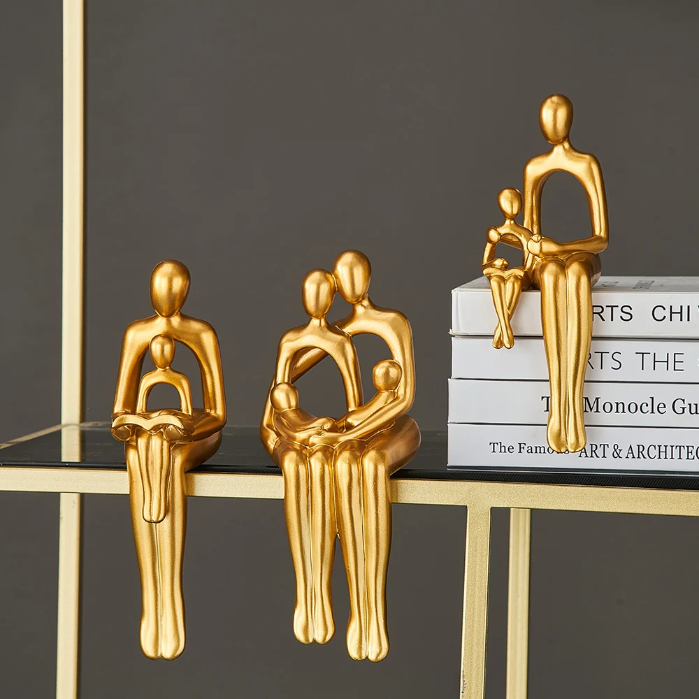 

Golden Family Sculpture Decor Figurines Abstract Resin Statue Modern Bookshelf Nordic Living Room Ornaments Desk Accessories