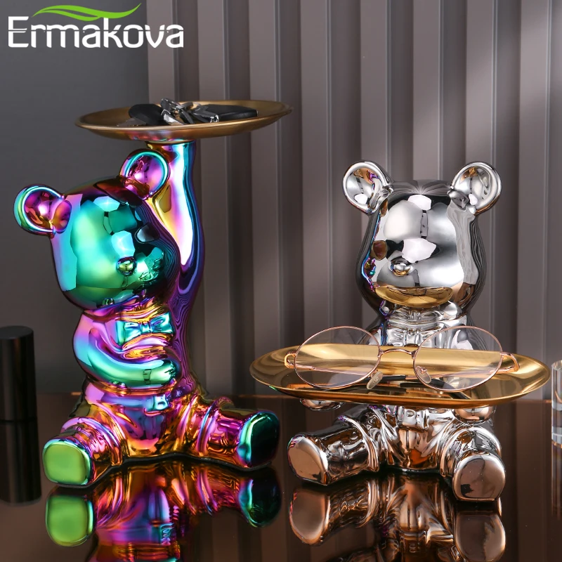 ERMAKOVA Sculpture Ceramics Colorful Plating Bear Storage Box Home Living Room Desktop Storage Tray Decorative Statue Piggy Bank