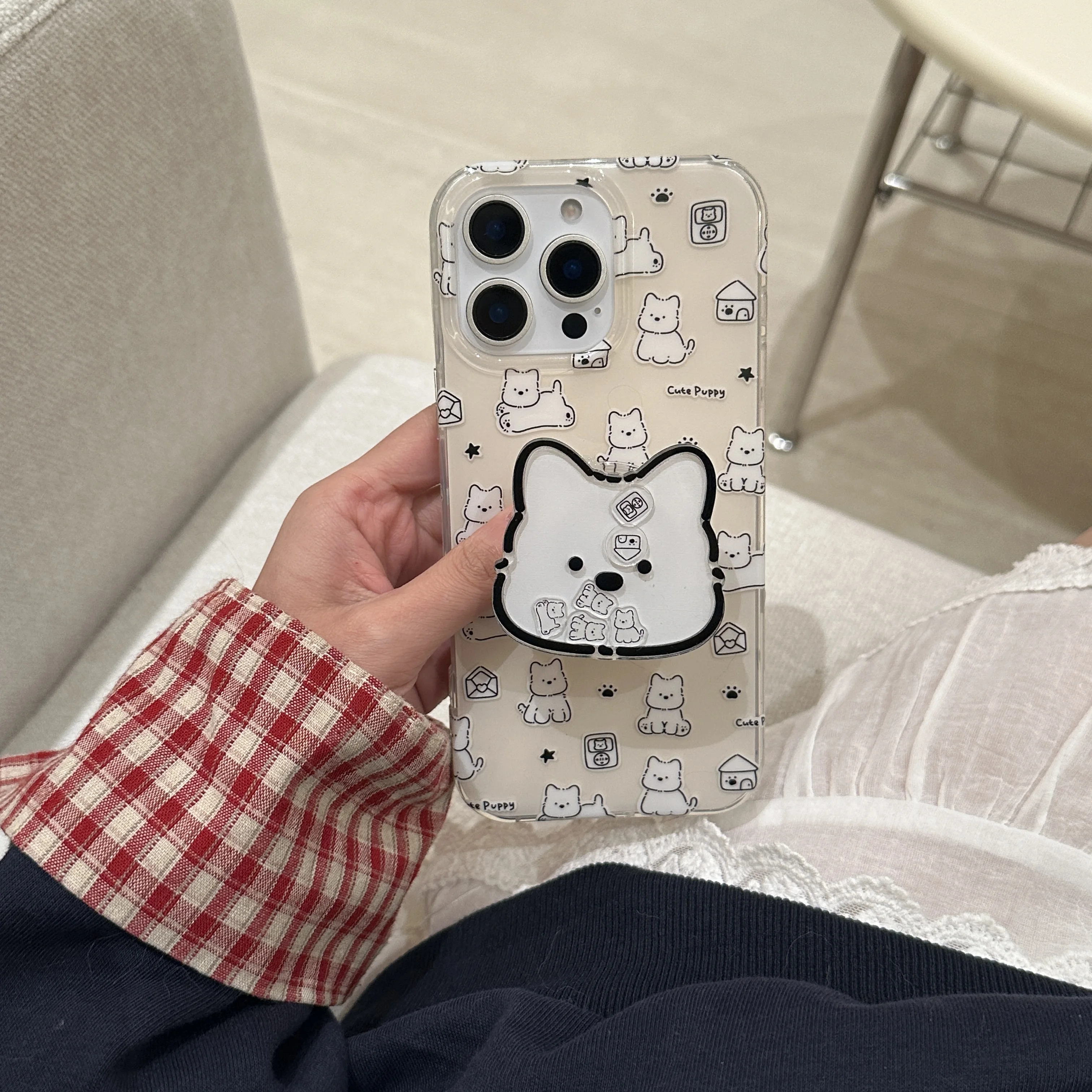 Ins Full Screen Cute Little Dog AndWobble Bracket Phone Case for iPhone 16 15 14 13 Pro Max Back Cover Funda