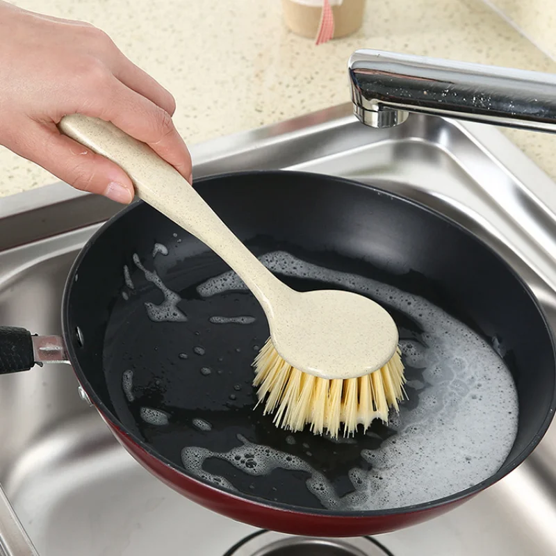 

Long Handled Pot Washing Brush Sink Dish Bowl Cleaning Brush Wheat Straw Fiber Brush Stain Removal Kitchen Cleaning Tools