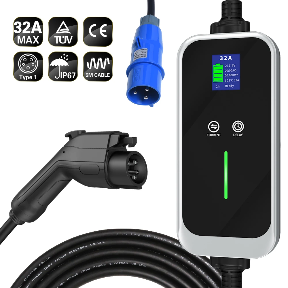 

Portable EV Car Charger Type 1 J1772 Level 2 32A 7KW EVSE Adjustable Current Electric Vehicle Charger for Home 5Meters