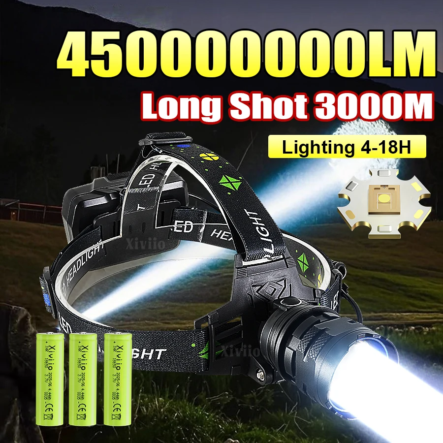 Lampe frontale 450000000LM ultra puissante portée 3000m rechargeable pour pêche et chasse nocturne
