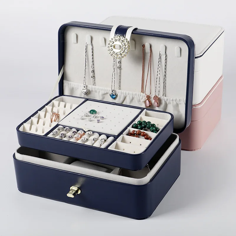 

Travel Double Layer Jewelry Box 2022 New PU Leather Jewelry Organizer Necklace Earring Ring Display Storage Box For Women Gifts