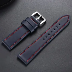 Vintage Stitching Genuine Leather Watchband - Universal Sport Strap - 22mm (Blue Red)