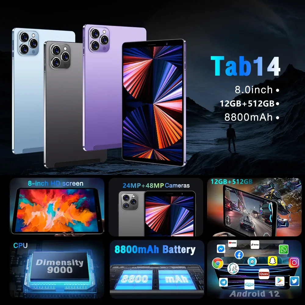 Tab14-Tablette PC de 8 Pouces, Android 12, Bluetooth, 12 Go, 512 Go, Deca Core, Google Play, WPS, WIFI, 5G/4G, Offre Spéciale