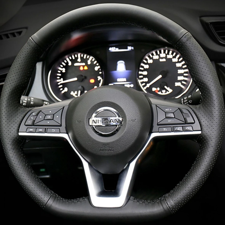 Schwarzer Kunstleder-Lenkradbezug für Nissan Leaf 2018 Rogue (Sport) 2017–2019 X-Trail 2017–2019 Qashqai 2018 – Detail 1