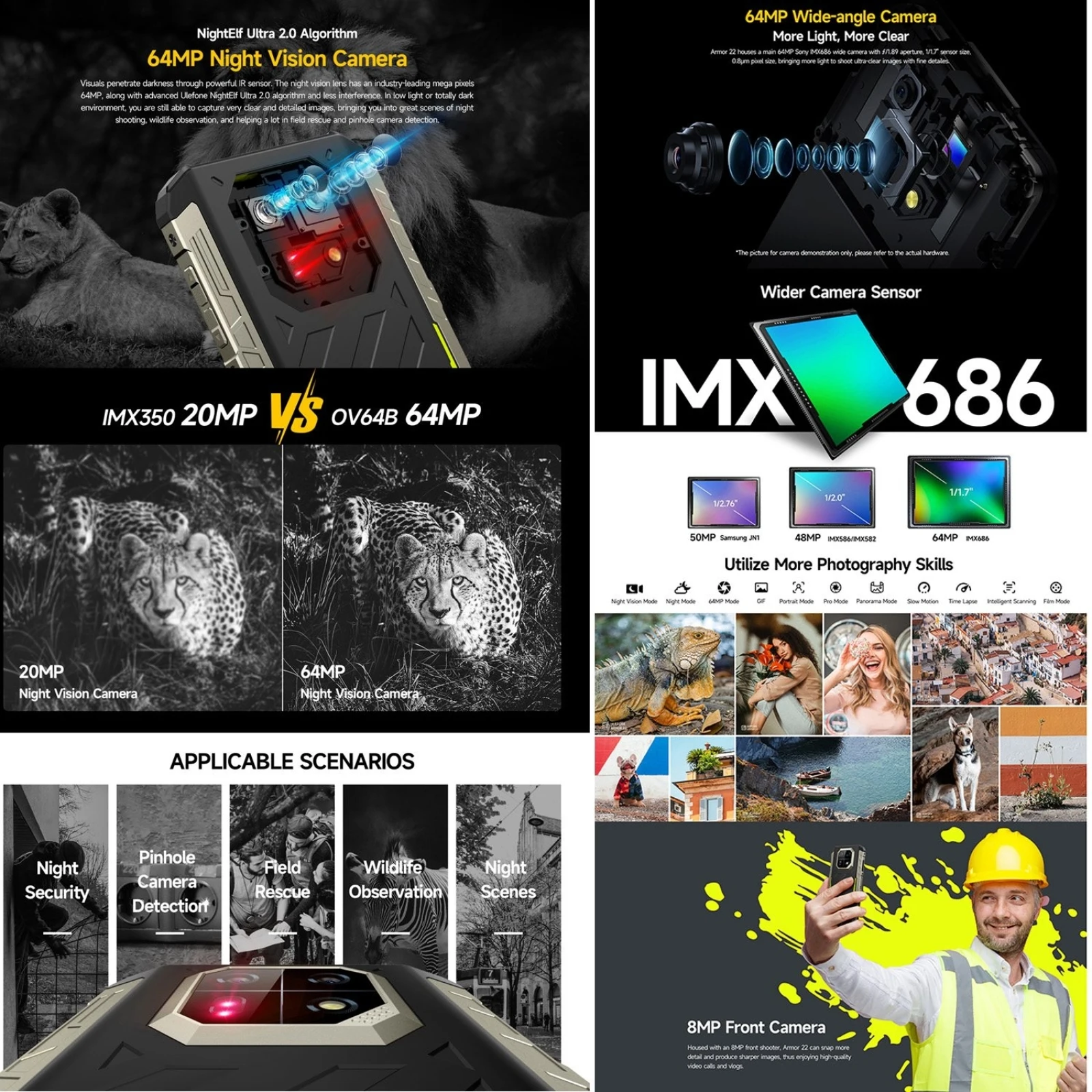 Ulefone Armor 22 8GB+256GB/128GB IP68/IP69K Rugged Phone 6.58 inch Android 13 MTK Helio G96 Octa Core 4G NFC Cellphon 3