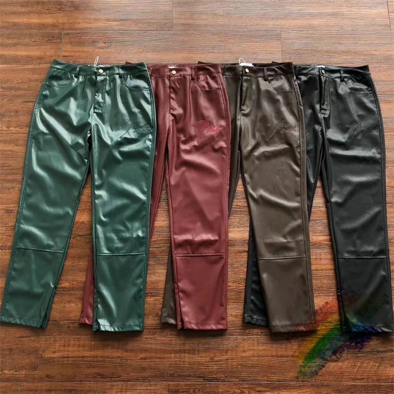 

Embroidery Logo Rhude Leather Pants For Men Women Top Version Jogger Casual Zipper Splicing PU Sweatpants