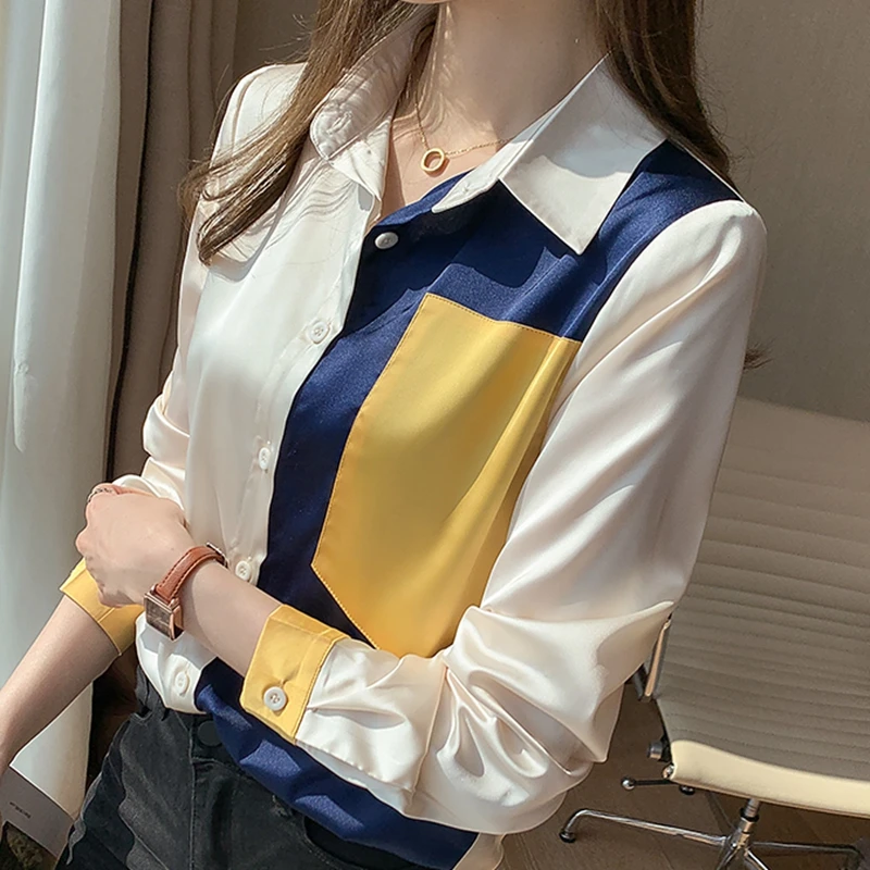 

Patchwork Chiffon Shirt Women Blouses Vintage Work Basic Casual Tops Loose Color Matching Women Business Shirts Spring Summer
