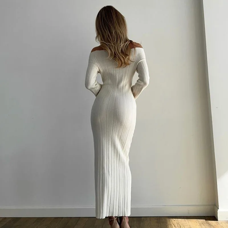 Ribbed Off-Shoulder Knit Long Dress For Women Slim Elegant Long Sleeve High Waist Backless Dress Knitwear Loose Maxi Dress