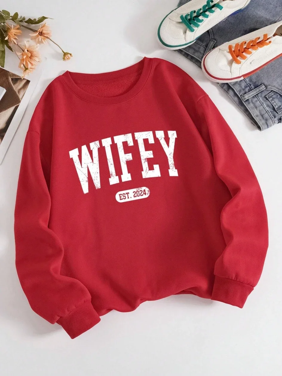 

Уличный Повседневный Женский пуловер Wifey EST.2024 свитшот с надписью, теплые мягкие толстовки, свободная флисовая женская одежда с круглым вырезом