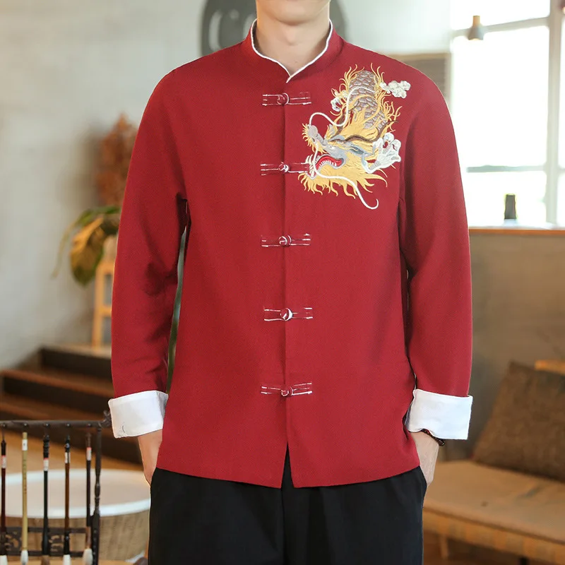 

2022 Autunm Mens Traditional Chinese Hanfu Shirts Fashion Tang Suit Dragon Embroidery Shirt Male Vintage Long Sleeve Clothing
