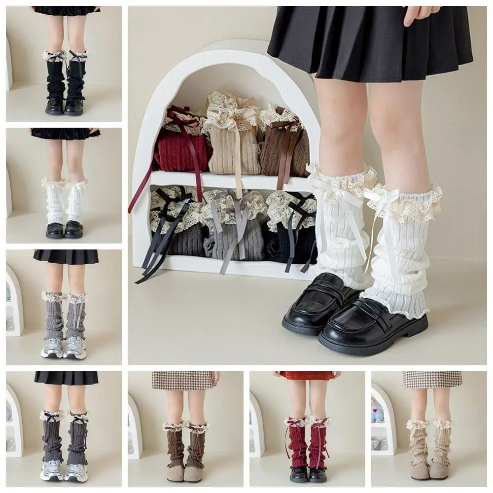 Fashion Harajuku Bow Ribbon Leg Warmers Long Stockings Sweet Lolita Knitted Socks Solid Color Kawaii Knitted Foot Cover Autumn