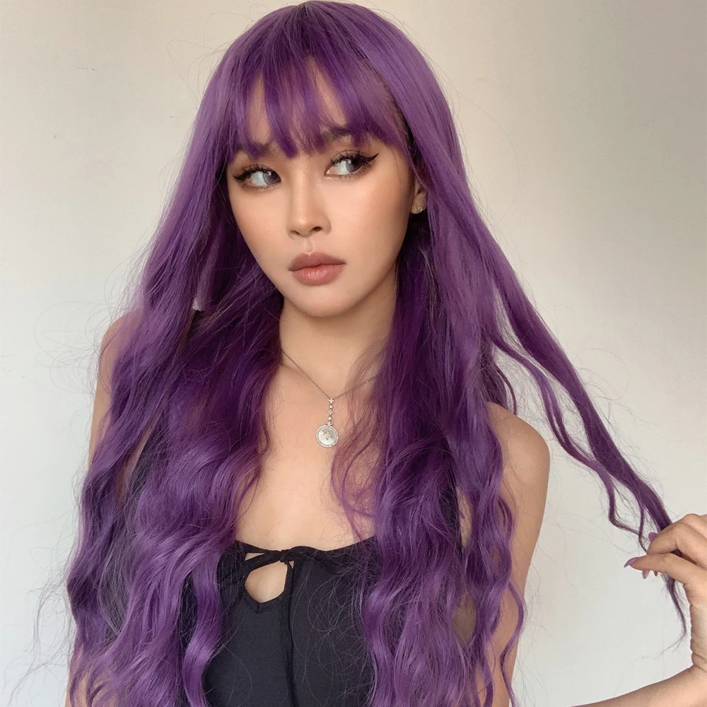 EASIHAIR Parrucche sintetiche lunghe e ondulate viola con frangia per donne Parrucca colorata per feste di cosplay di Halloween Fibra resistente al calore_voghion.com