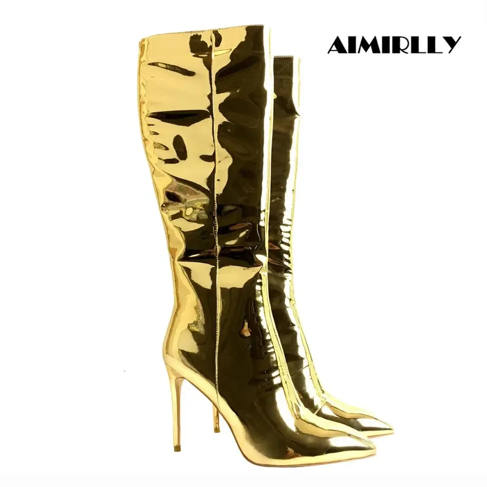 

Women's Knee High Boots Pointed Toe High Heels Shoes Gold Metallic Mirror Patent Leather Full Zipper Fashion Winter Footwear