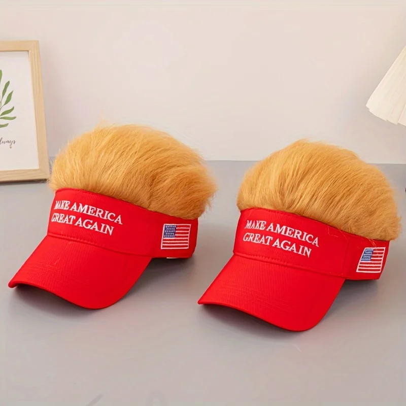 Two Visor Cap - Make America Great Again hats in red, each featuring attached faux blond hair and a small American flag patch—a satirical, patriotic conversation starter.