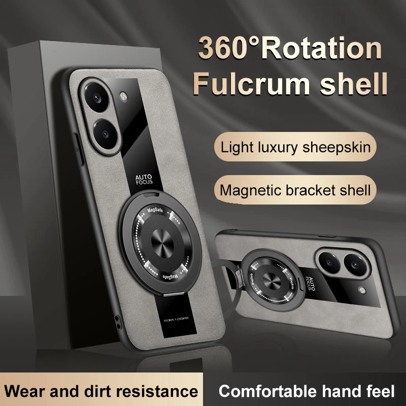 Luxury Leather Magnetic Holder Phone Case with Ring and Silicone Bumper