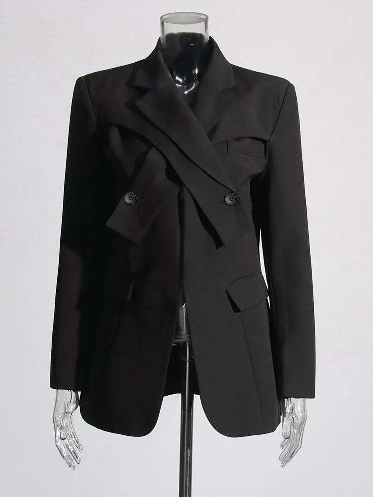 KBQ Crisscross Irregular Black Blazer For Women Notched Collar Long Sleeve Patchwork Buttons Loose Temperament Blazers Female